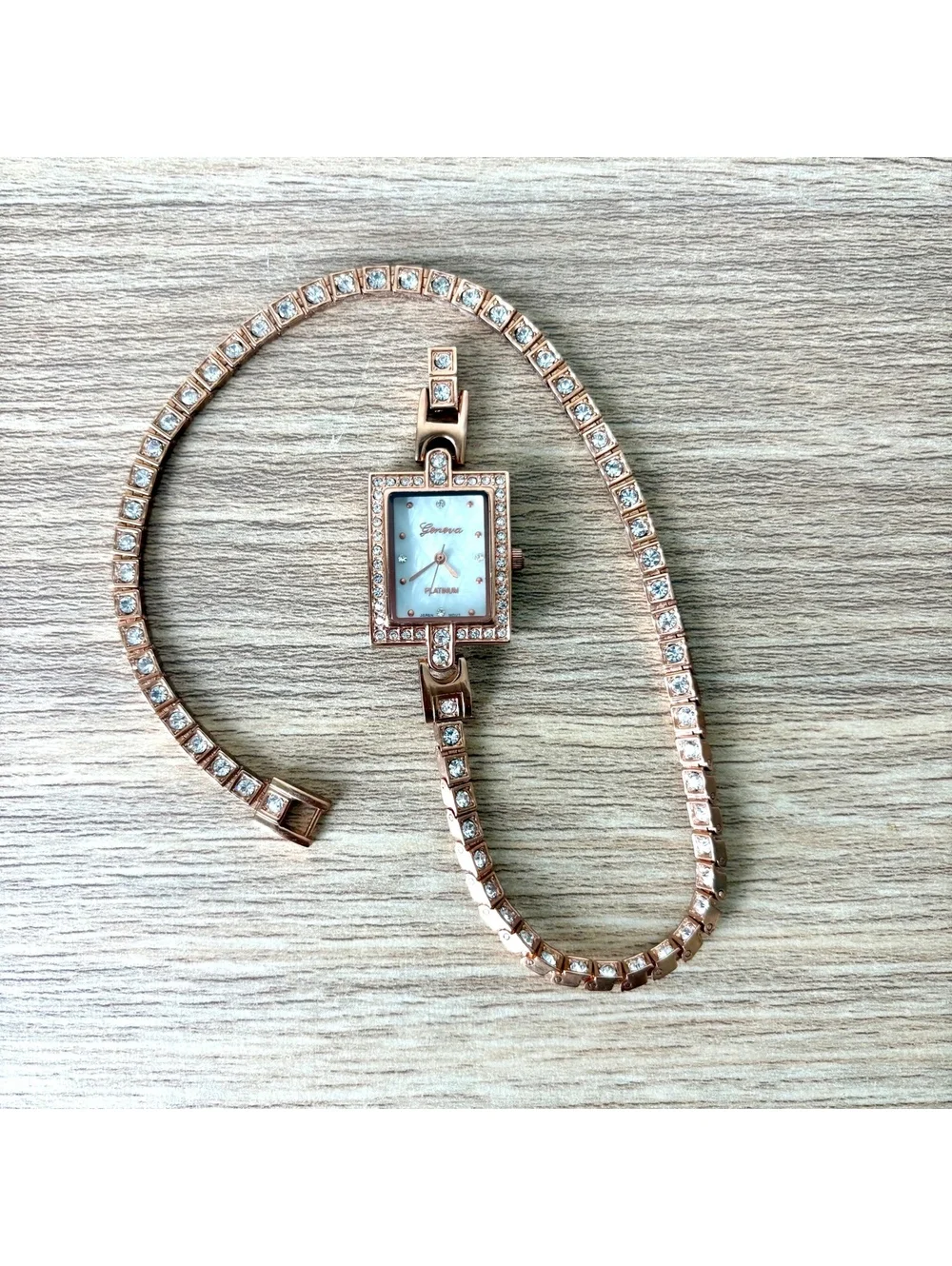 Geneva Rose Gold Tone Wrap Bracelet Watch Rhinestone Mother of Pearl Japan